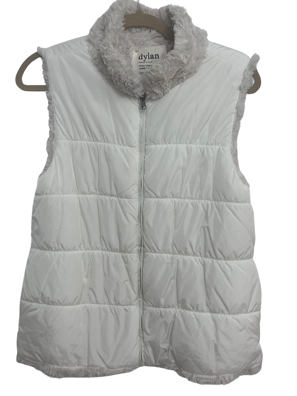 dylan White Ivory REVERSIBLE Quilted Faux-Fur Collar Puffer Vest Sz Medium